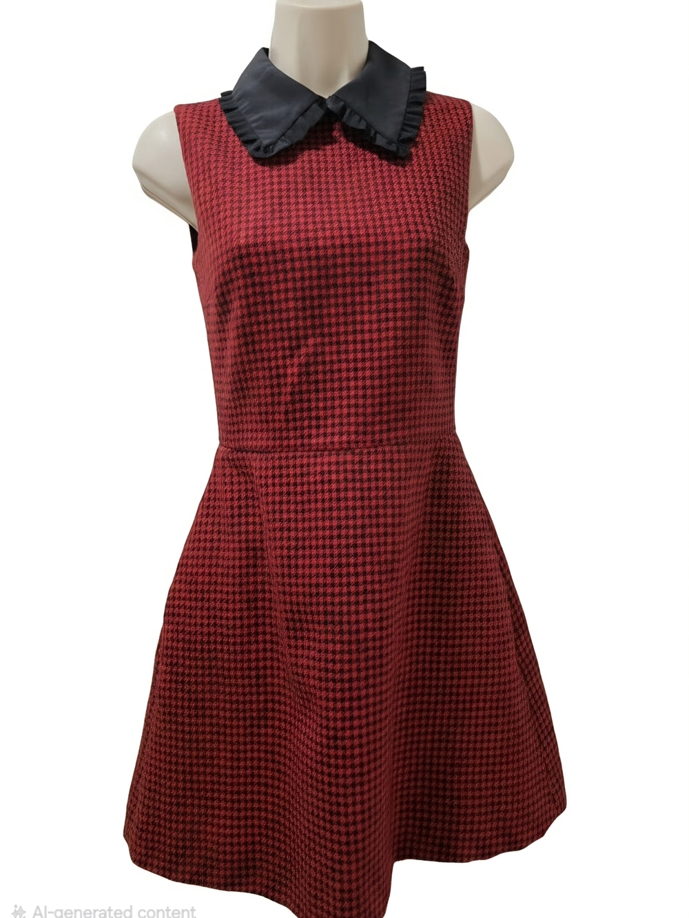 Red Valentino Sleeveless Red Houndstooth Dress with Black Peter Pan Collar